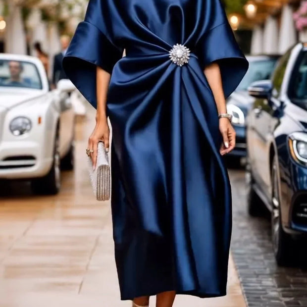 Elegant Champagne Cocktail Party Satin Midi Dress