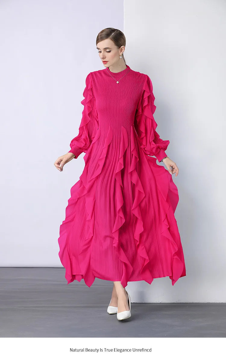 Fashion Ruffle Flare Pleated Maxi Dress