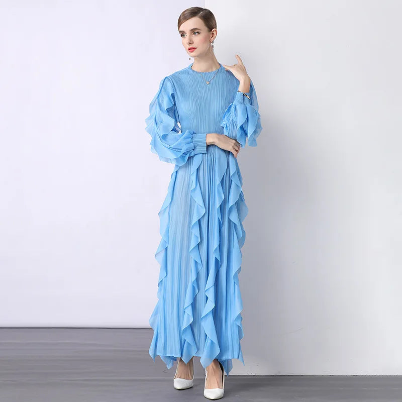 Fashion Ruffle Flare Pleated Maxi Dress