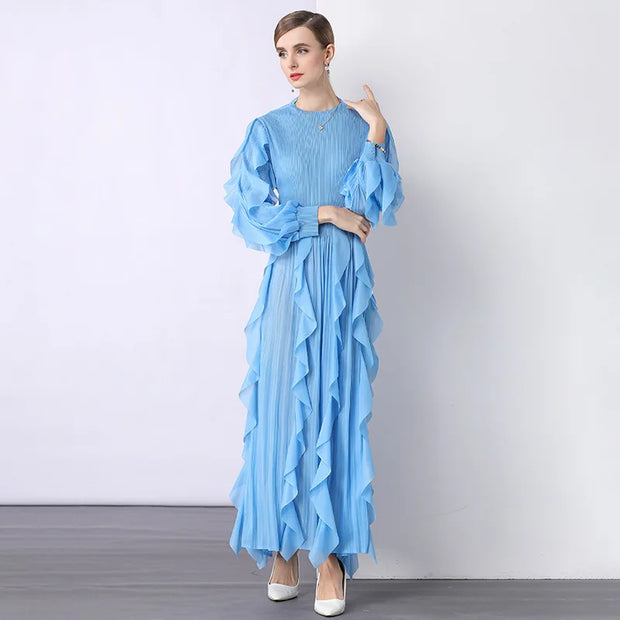 Fashion Ruffle Flare Pleated Maxi Dress