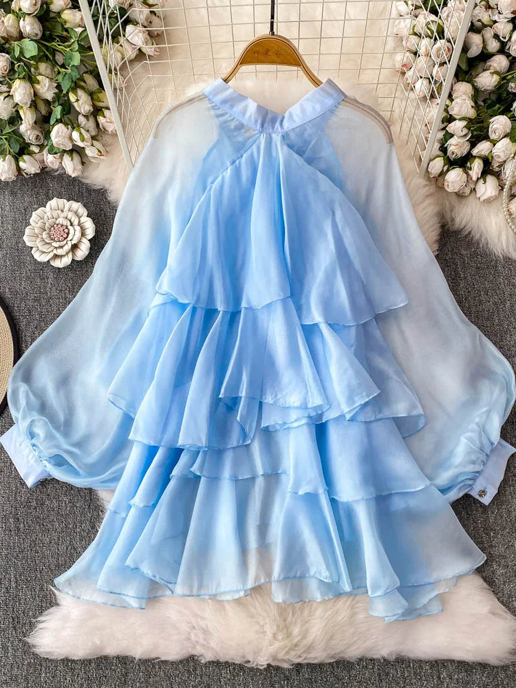 Summer Ruffle Bow Lantern Sleeve Chiffon Blouse