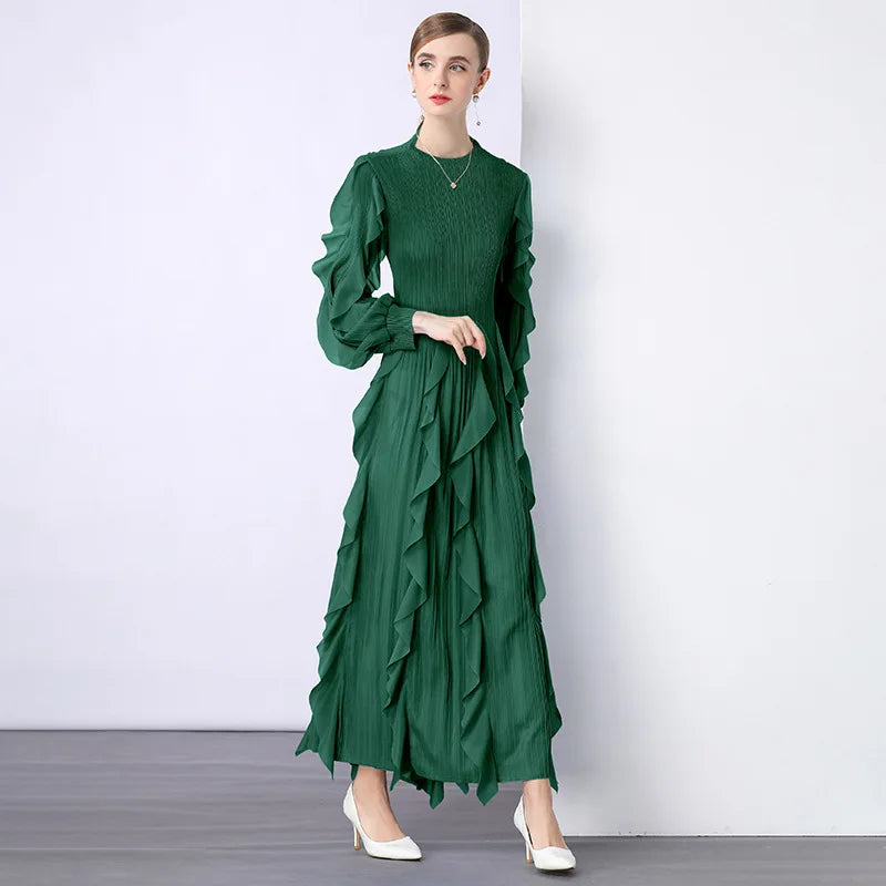 Fashion Ruffle Flare Pleated Maxi Dress