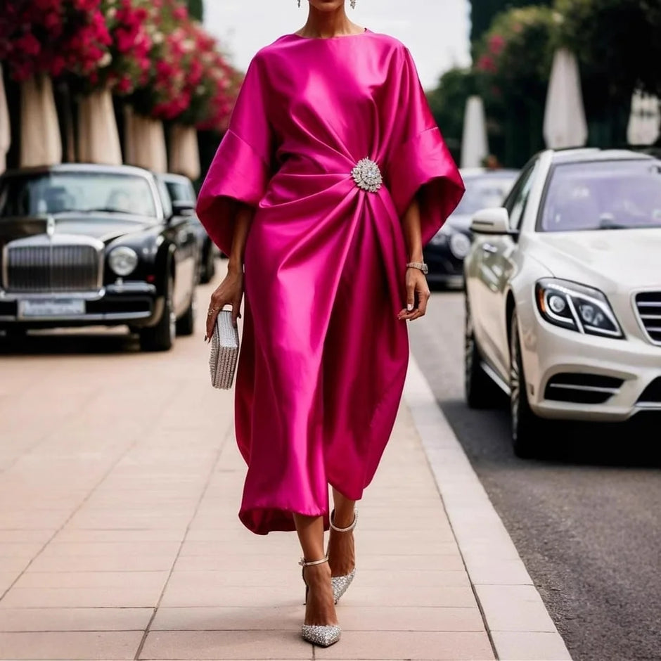 Elegant Champagne Cocktail Party Satin Midi Dress