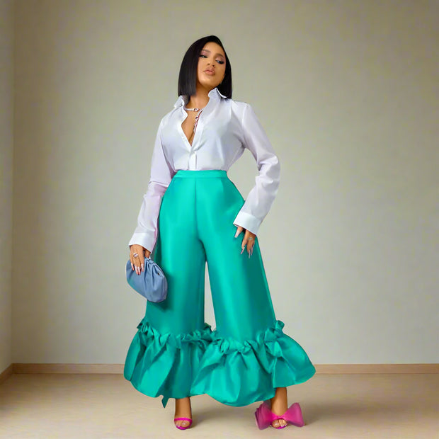 Elegant High-Waist Ruffle Hem Wide-Leg Pants