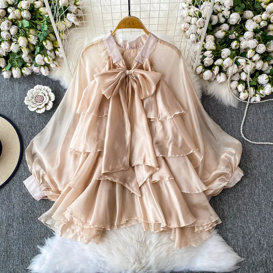 Summer Ruffle Bow Lantern Sleeve Chiffon Blouse