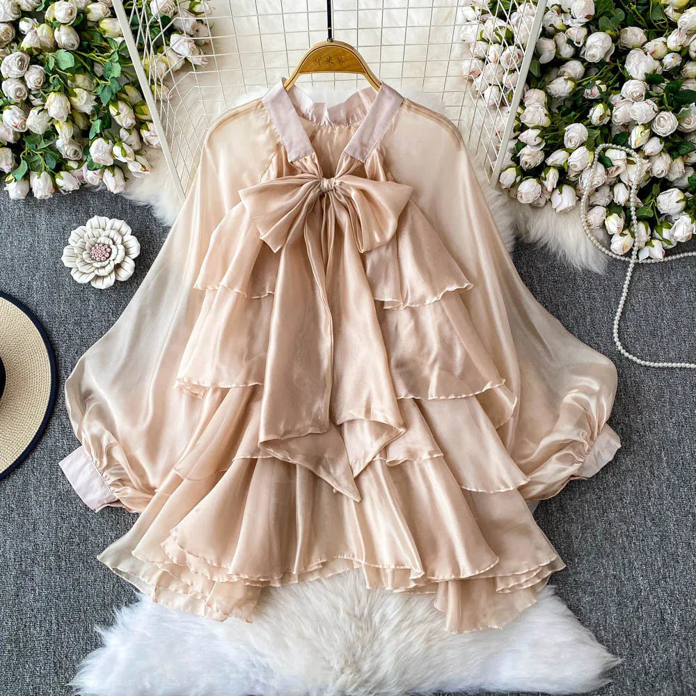 Summer Ruffle Bow Lantern Sleeve Chiffon Blouse