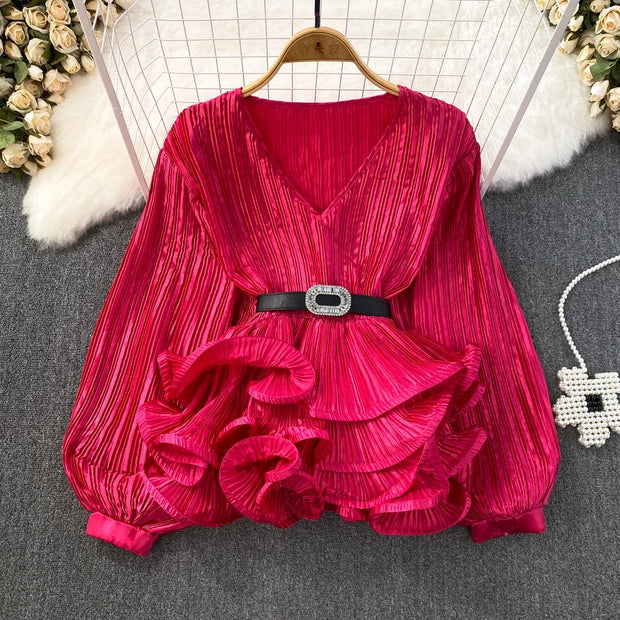 Lantern Sleeve V-Neck Ruffle Blouse