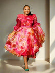 Floral Printed Red A-Line Midi Dress