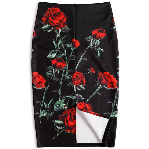 Y2K Red Rose Print Pencil Skirt