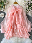 Summer Ruffle Bow Lantern Sleeve Chiffon Blouse