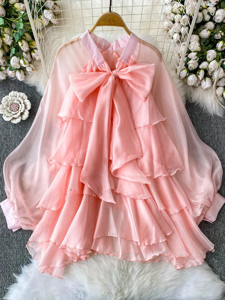 Summer Ruffle Bow Lantern Sleeve Chiffon Blouse