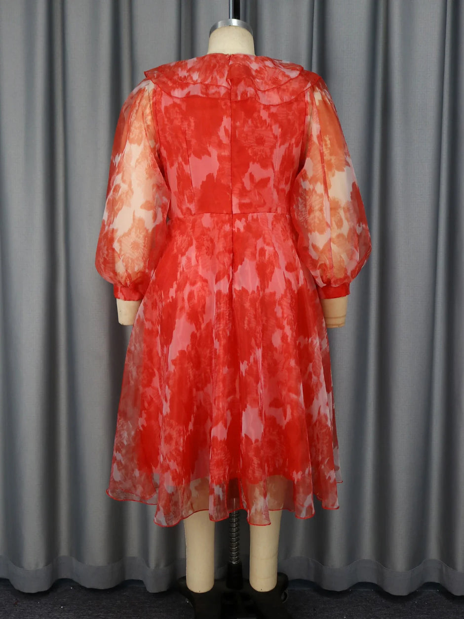 Floral Printed Red A-Line Midi Dress