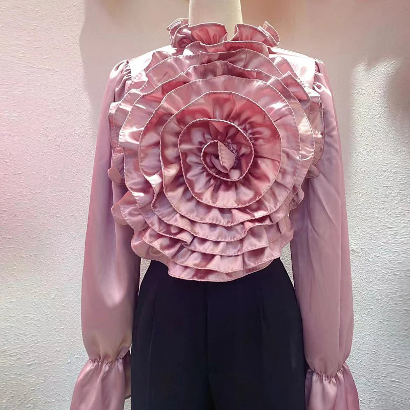 High-Grade 3D Flower Silky Blouse