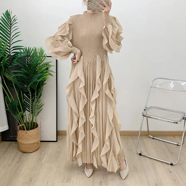 Fashion Ruffle Flare Pleated Maxi Dress