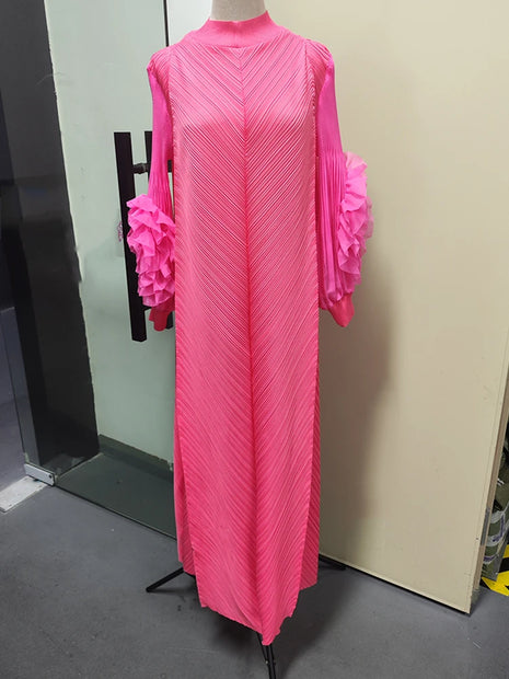 Maxi Pleated Round Neck Spliced Dress