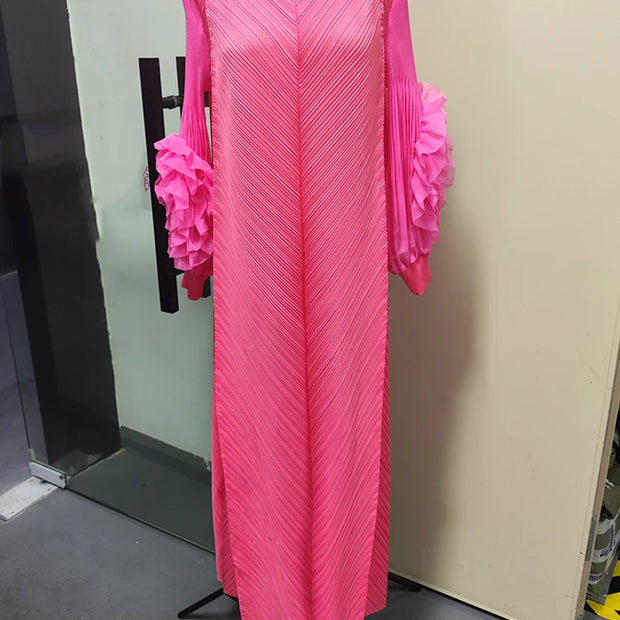 Maxi Pleated Round Neck Spliced Dress