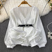 Lantern Sleeve V-Neck Ruffle Blouse