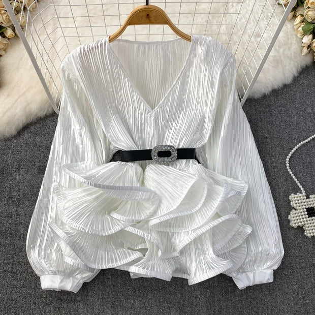 Lantern Sleeve V-Neck Ruffle Blouse