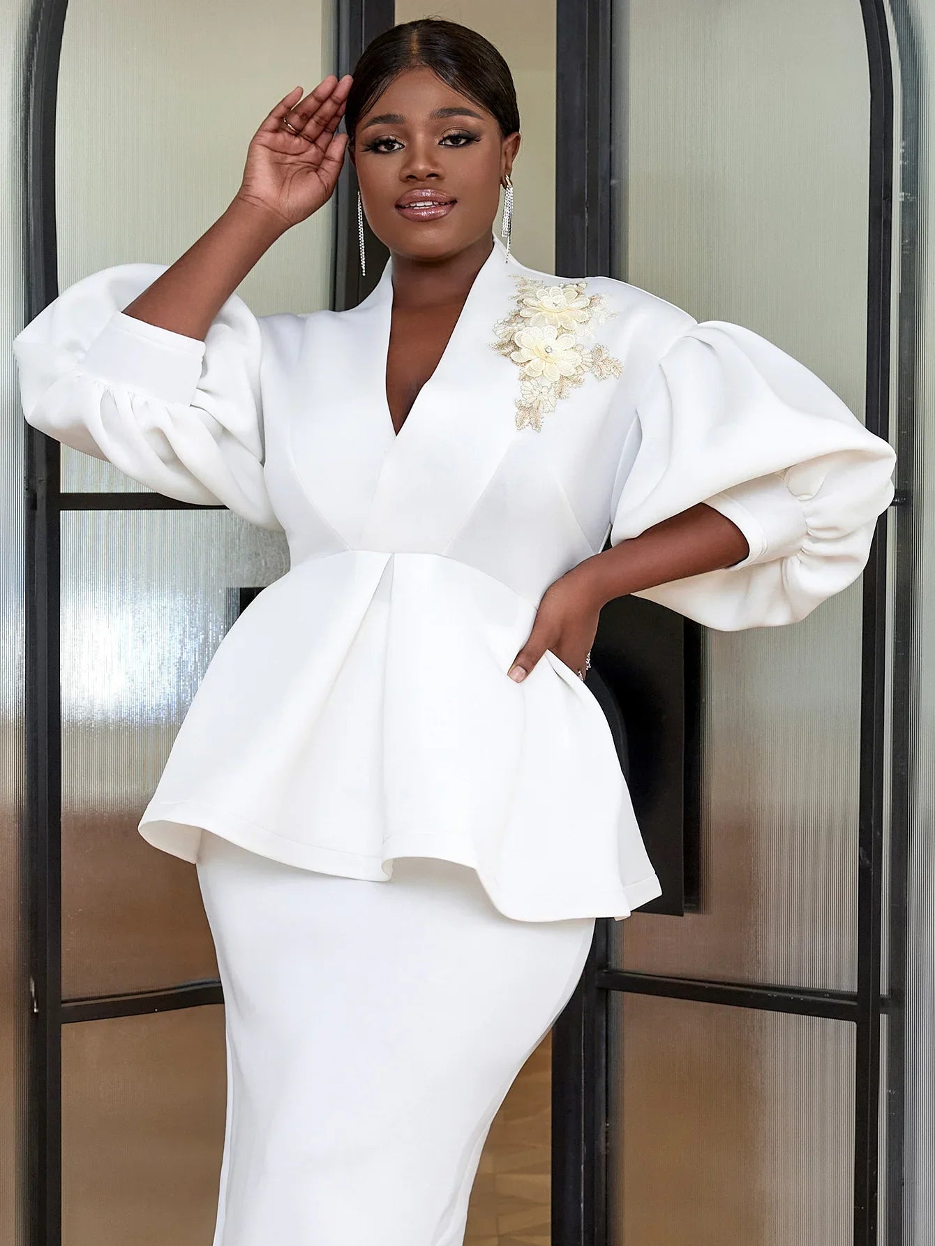 White Party Peplum V Neck Blouse (Top only)