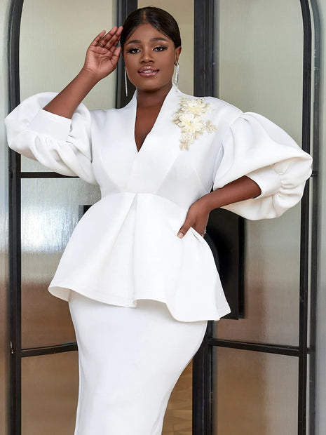 White Party Peplum V Neck Blouse (Top only)