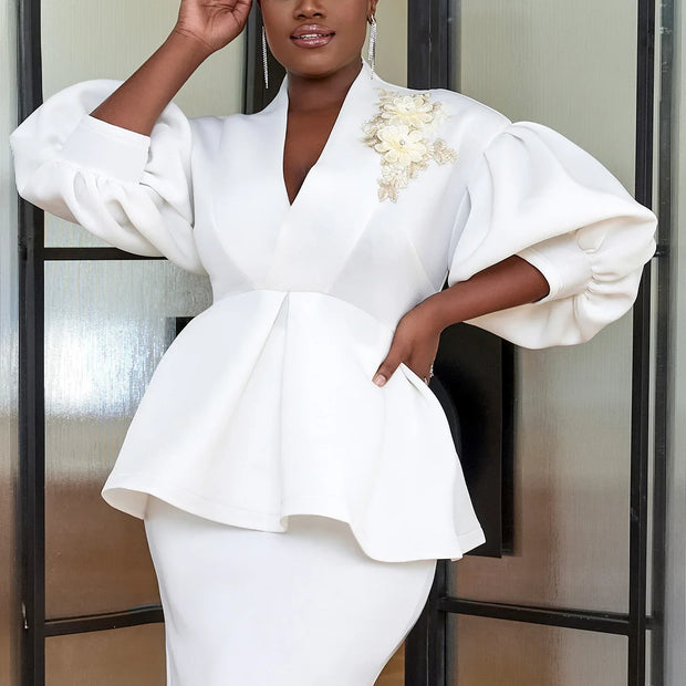 White Party Peplum V Neck Blouse (Top only)