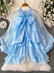 Summer Ruffle Bow Lantern Sleeve Chiffon Blouse