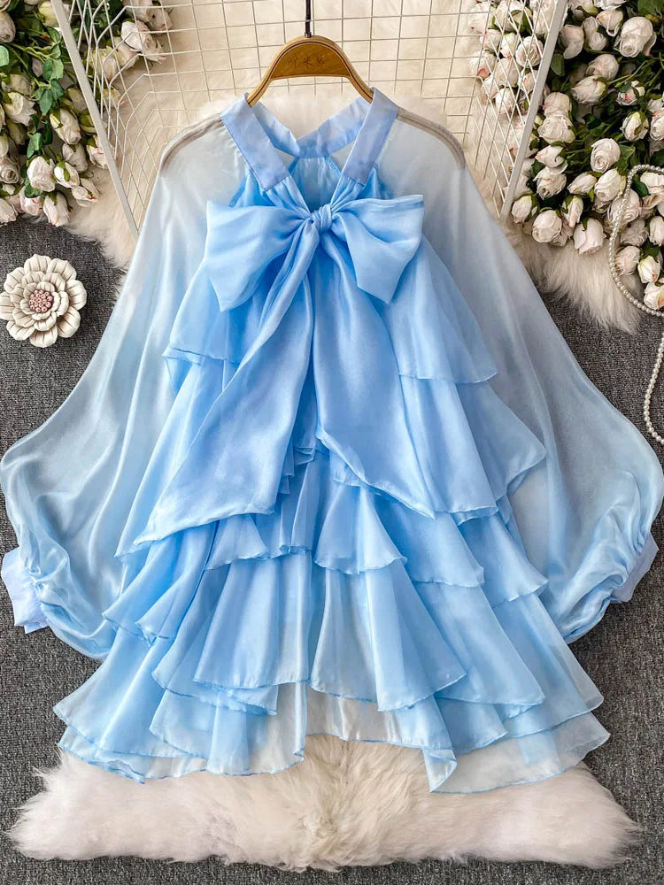 Summer Ruffle Bow Lantern Sleeve Chiffon Blouse