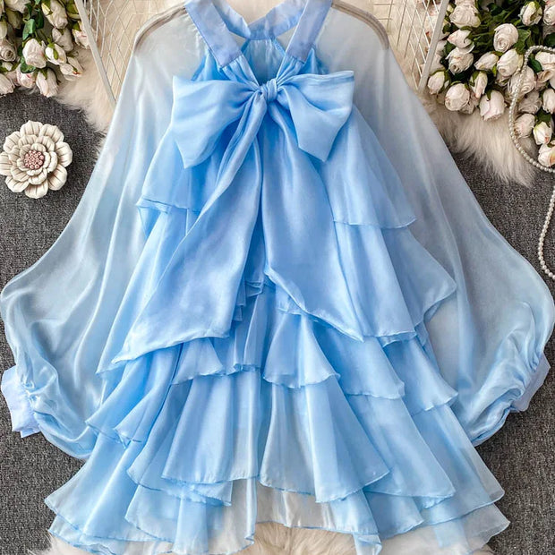 Summer Ruffle Bow Lantern Sleeve Chiffon Blouse