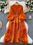 Elegant Pleated Floral Lantern Sleeve Dress