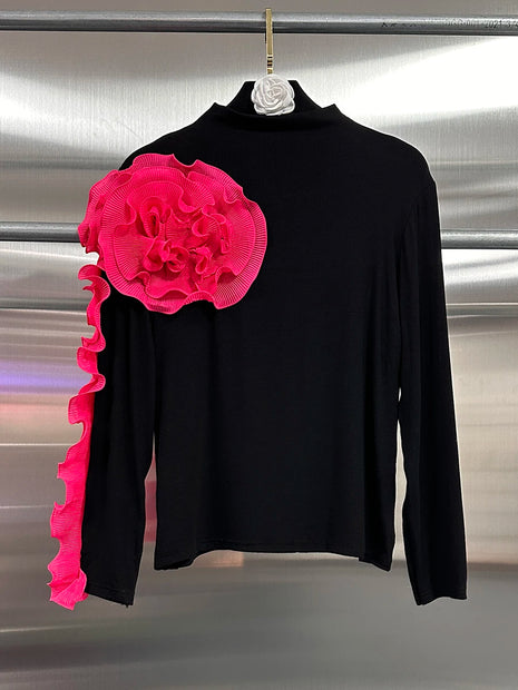 Spliced Turtleneck Petal Sleeve Blouse