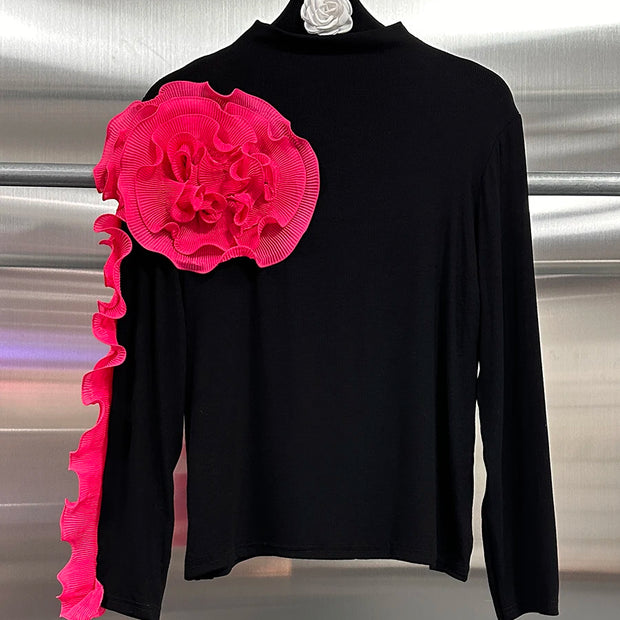 Spliced Turtleneck Petal Sleeve Blouse