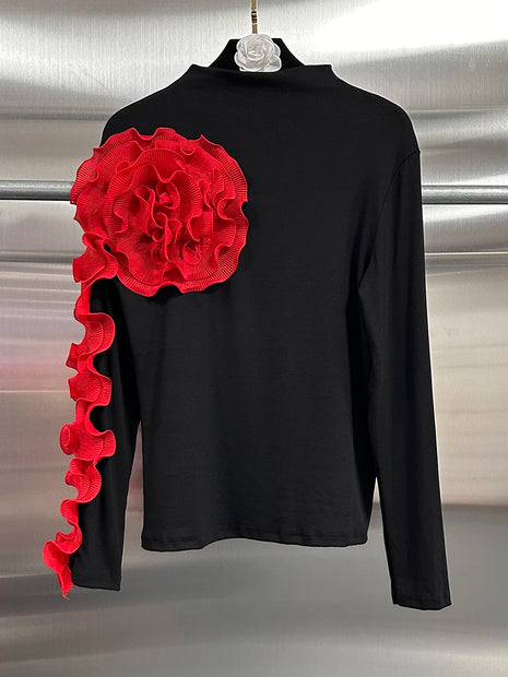 Spliced Turtleneck Petal Sleeve Blouse
