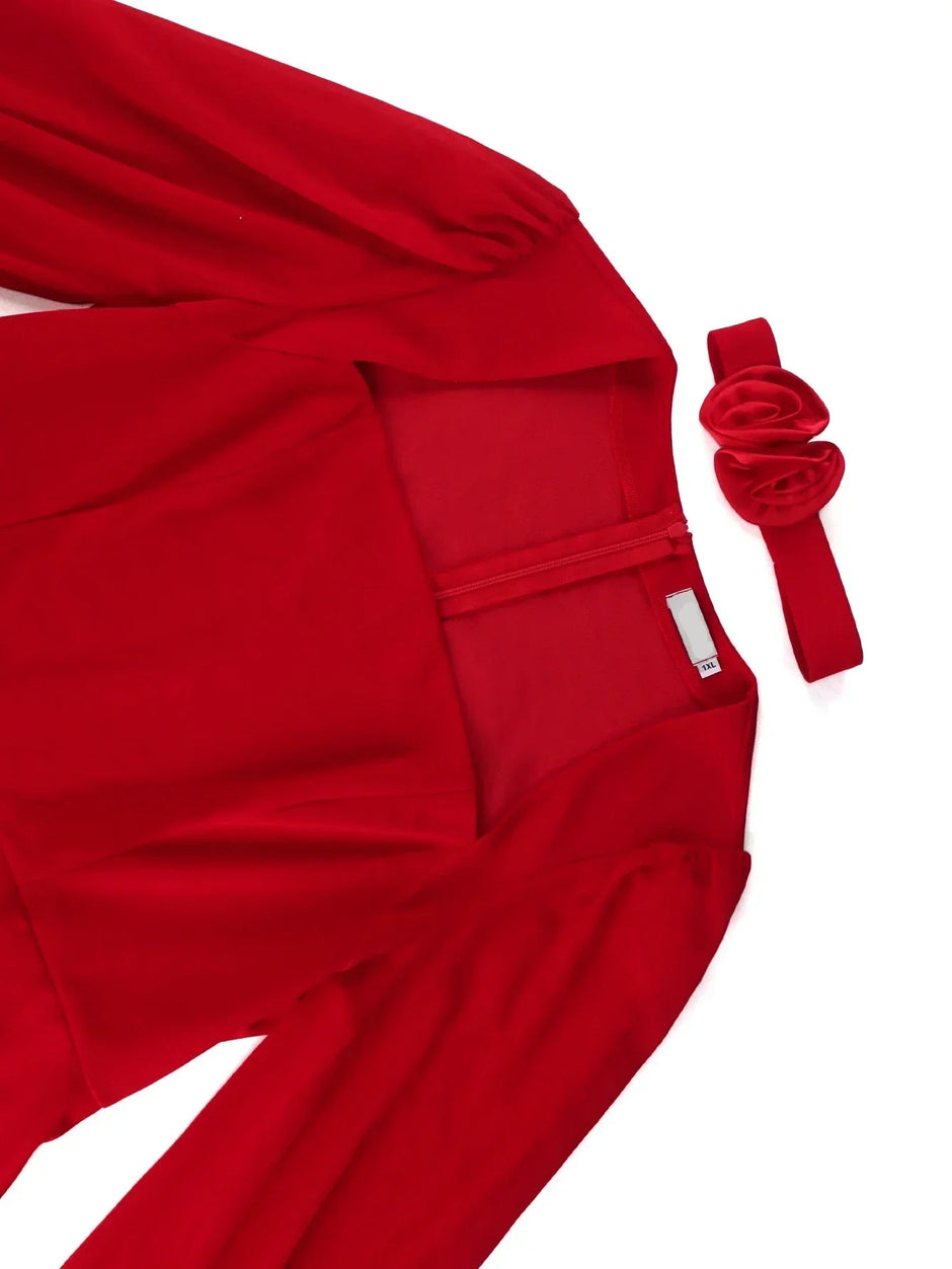 Elegant Red Square Collar Peplum Party Dress