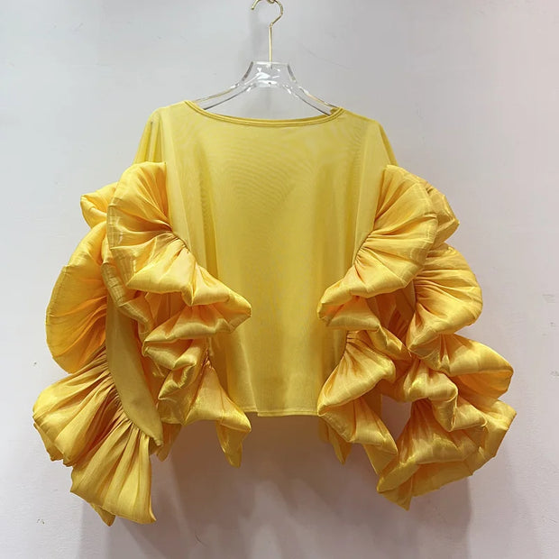 Wave Shirring Hollow-Out Blouse