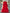 Red ruffled dress on a hanger with decorative flowers and fur rug in the background